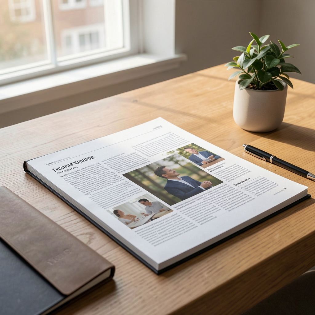 Editorial desk with printed health articles, notebook and a small plant in natural daylight