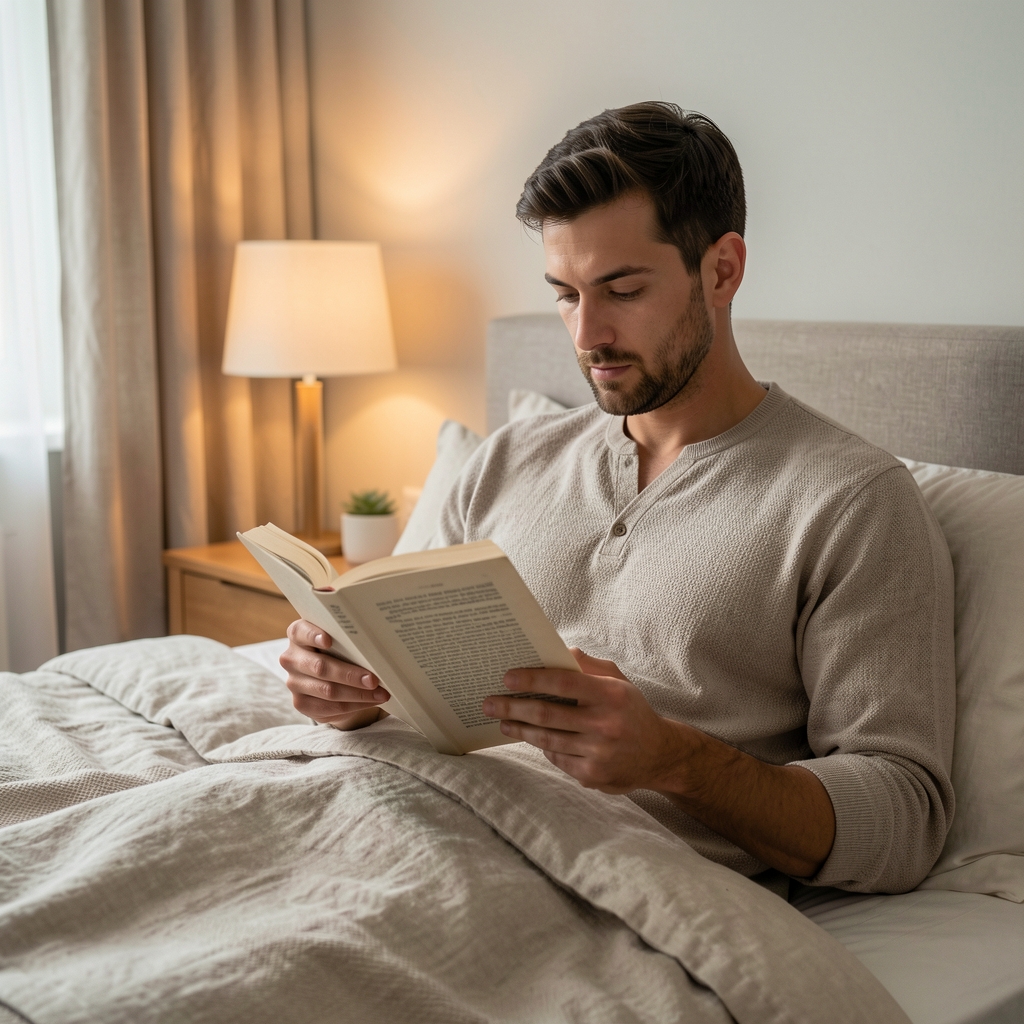 Man reading a paper book in a calm bedroom with warm lamp light and neutral linen