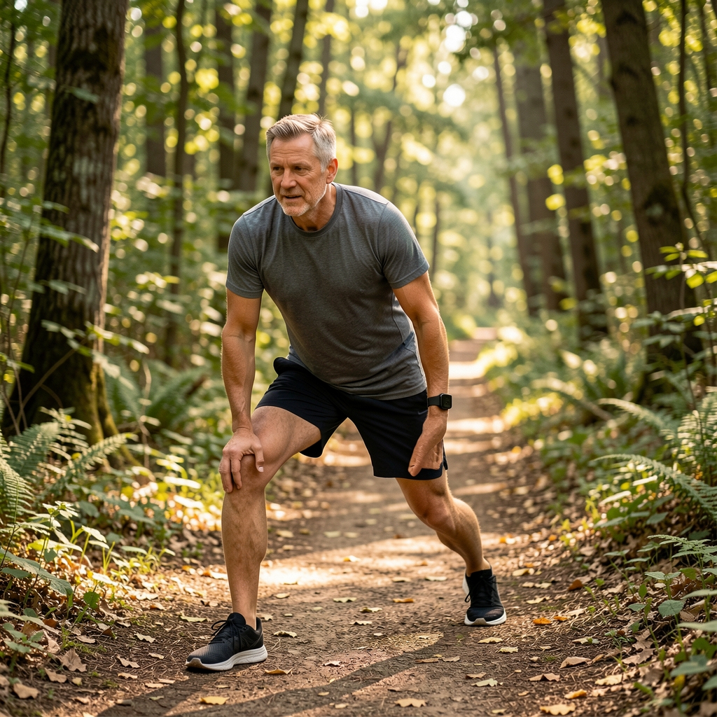 Active middle-aged man stretching beside a leafy trail after a light walk