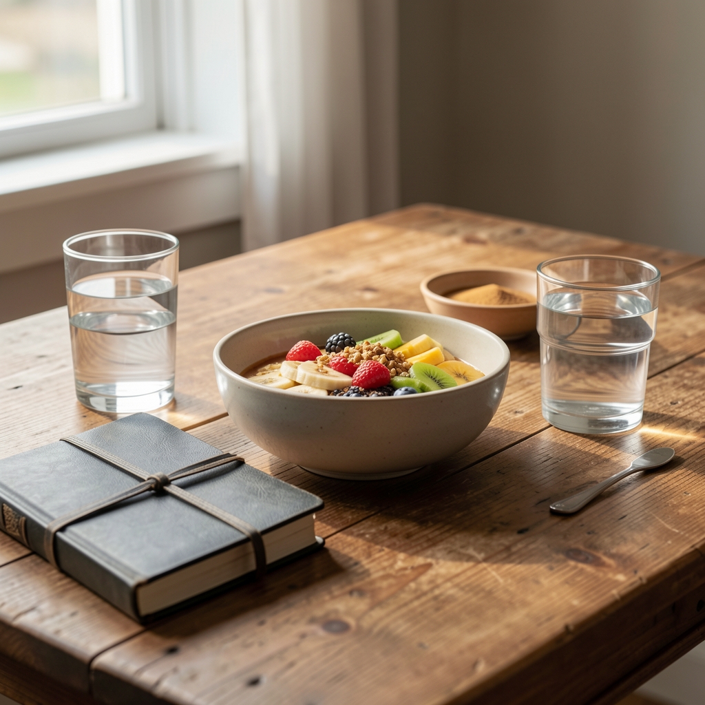 Healthy breakfast, water and a folded journal arranged on a wooden table beside morning light