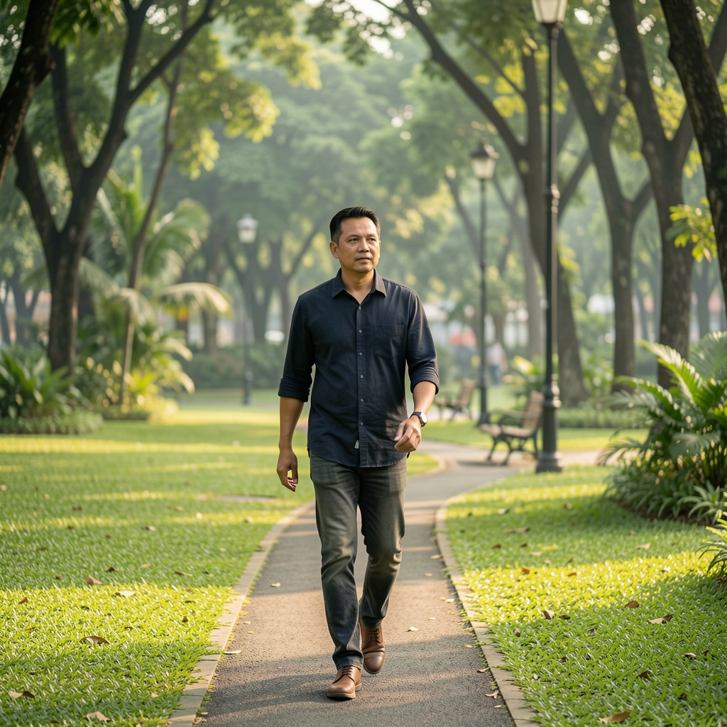 Man in his forties walking through a quiet green Jakarta park in soft morning light