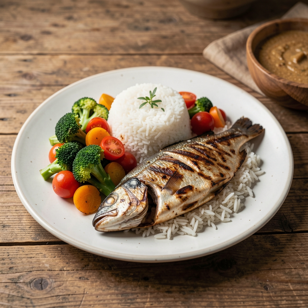 Balanced Indonesian-inspired meal with vegetables, rice and grilled fish prepared on a wooden table