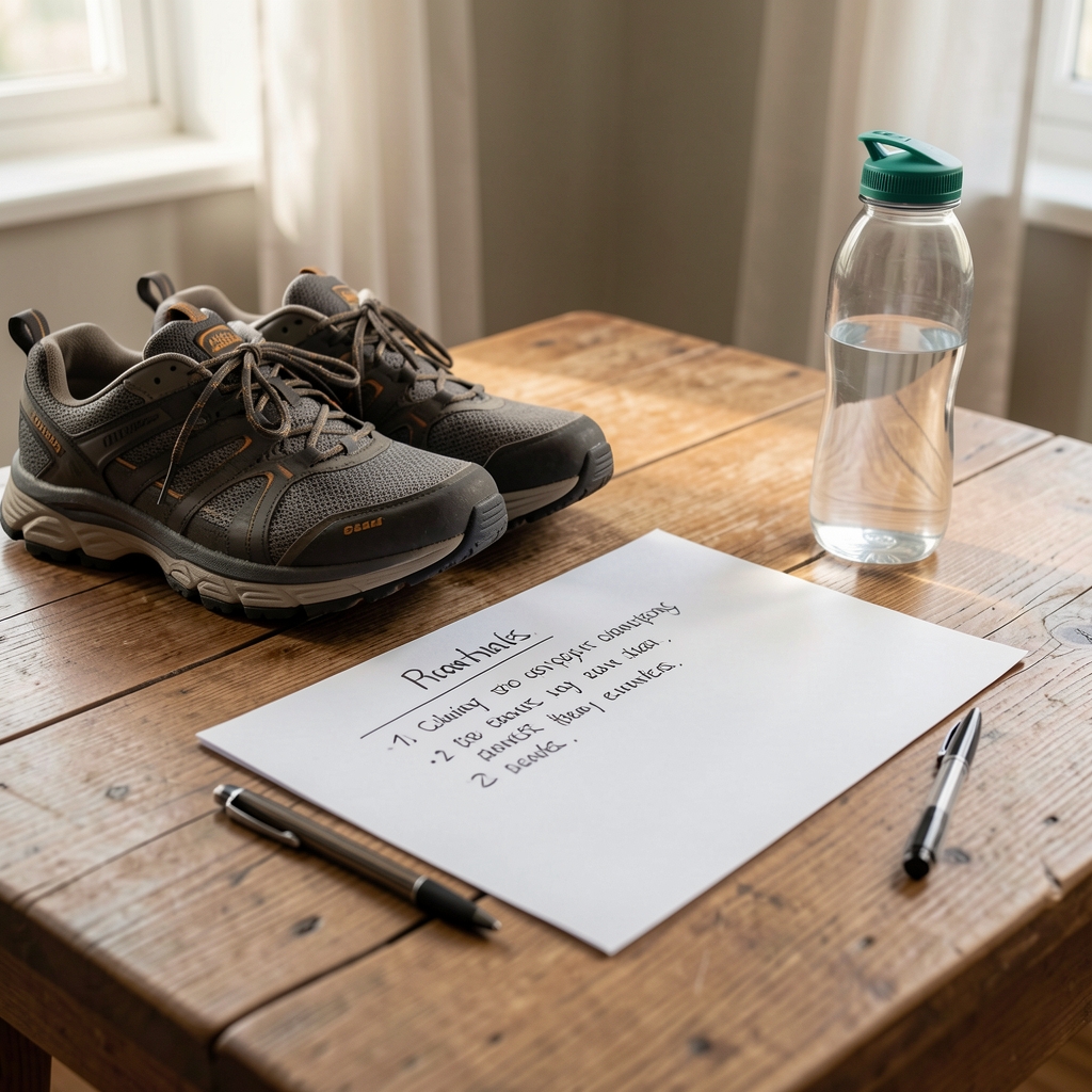 Organised morning table with walking shoes, water bottle and a simple handwritten plan