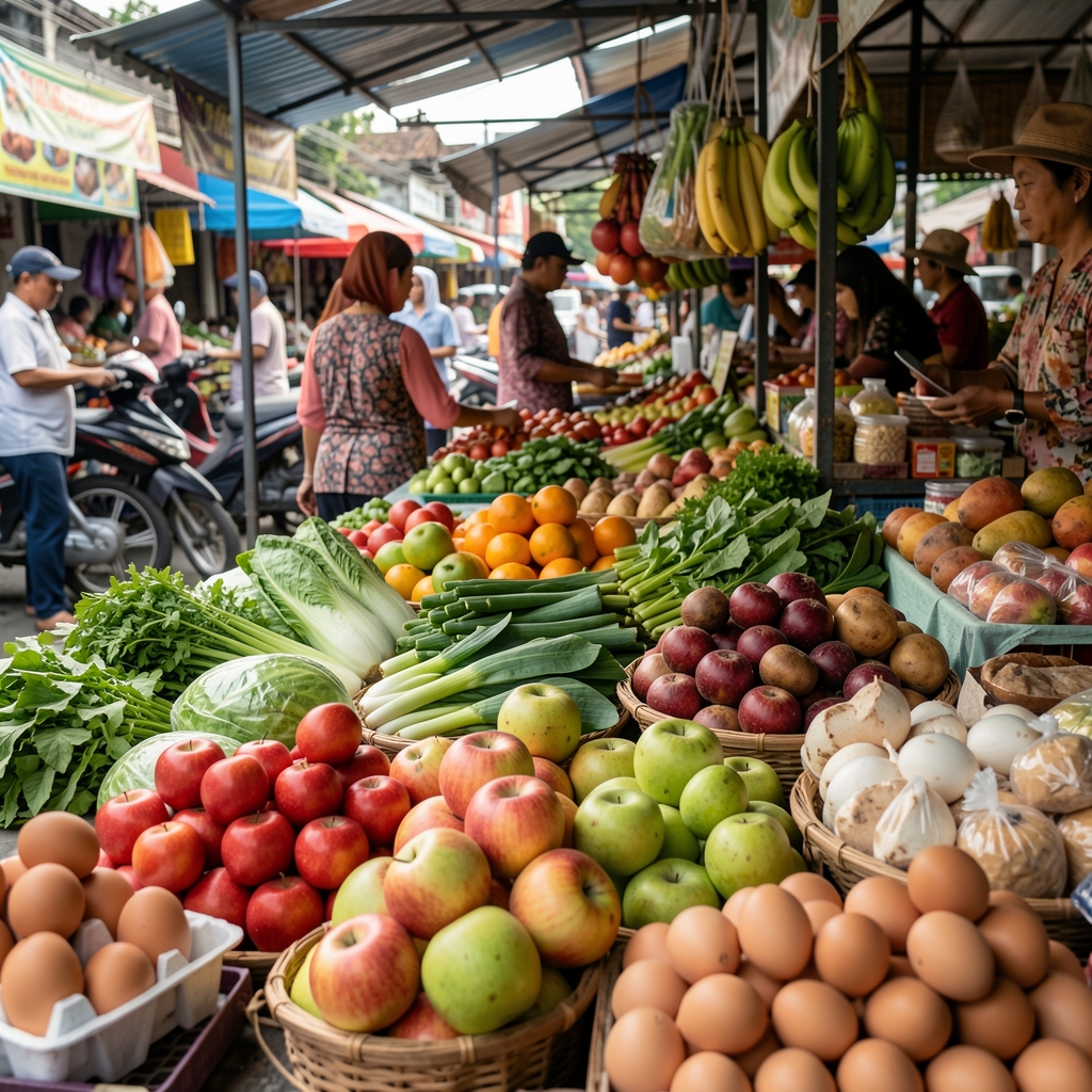 Fresh vegetables, fruit, eggs and local ingredients arranged at a Jakarta market stall