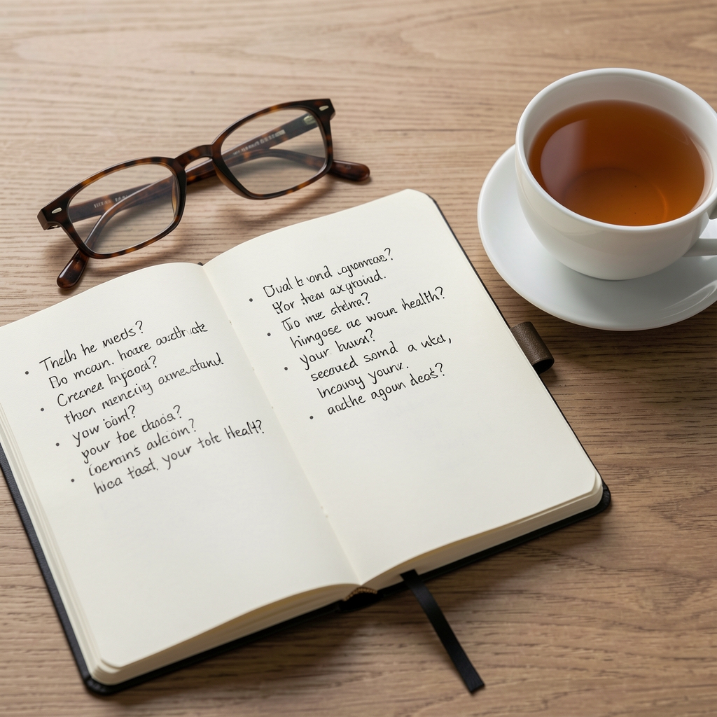 Open health notebook with handwritten questions beside reading glasses and a cup of tea
