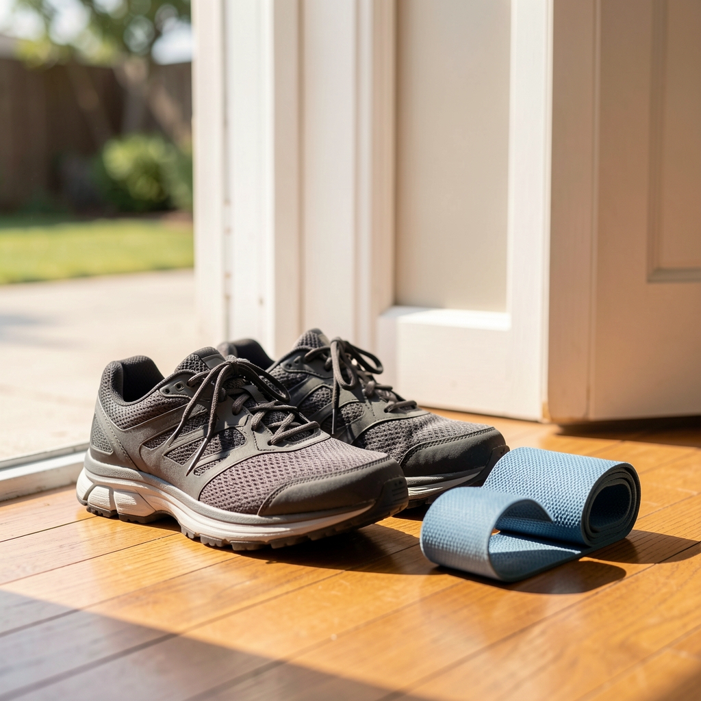 Walking shoes and a folded exercise band beside a sunny doorway