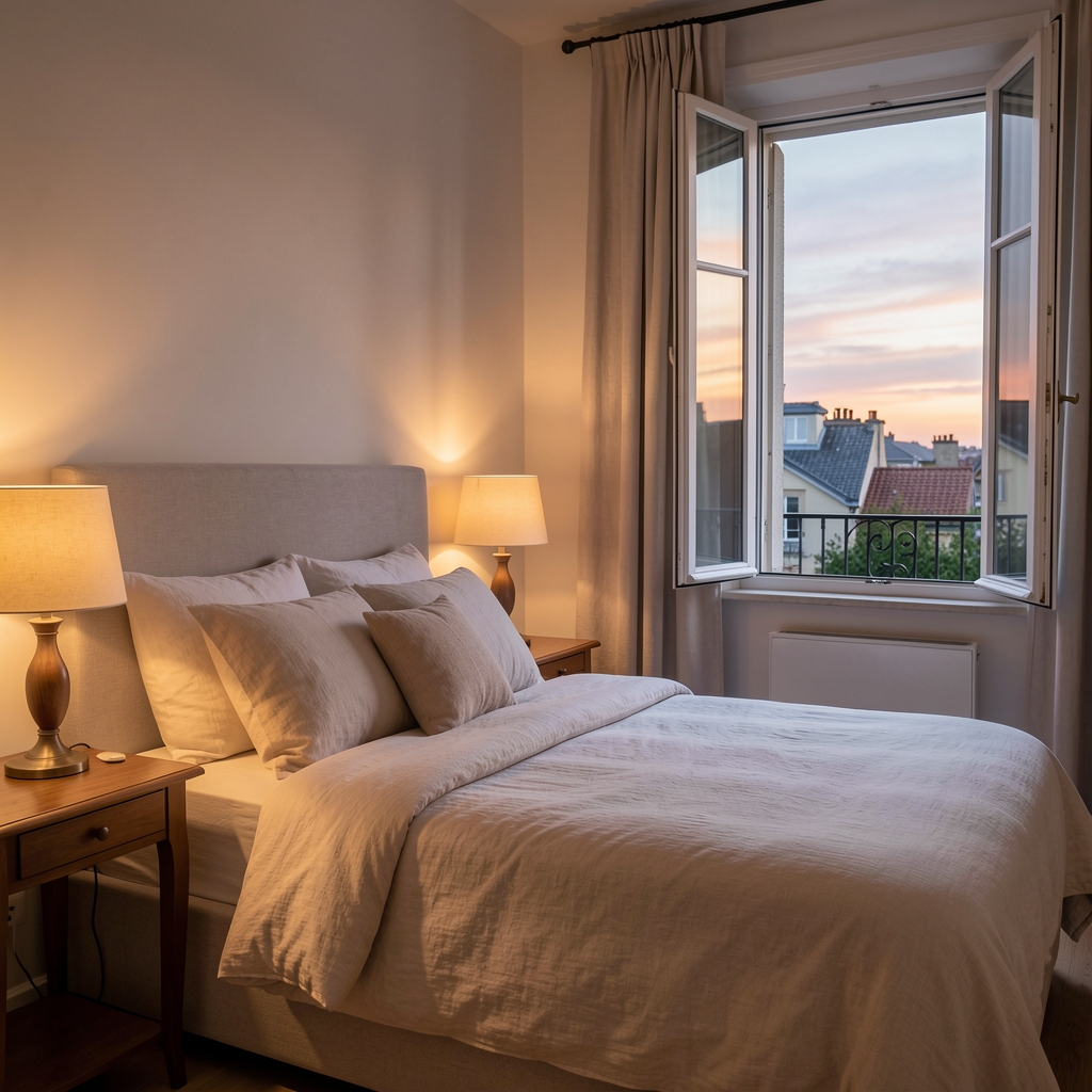 Calm bedroom with linen bedding, a bedside lamp and open window at dusk