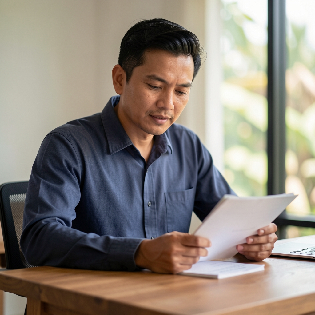 Indonesian male editor in his forties reviewing notes at a wooden desk near a window