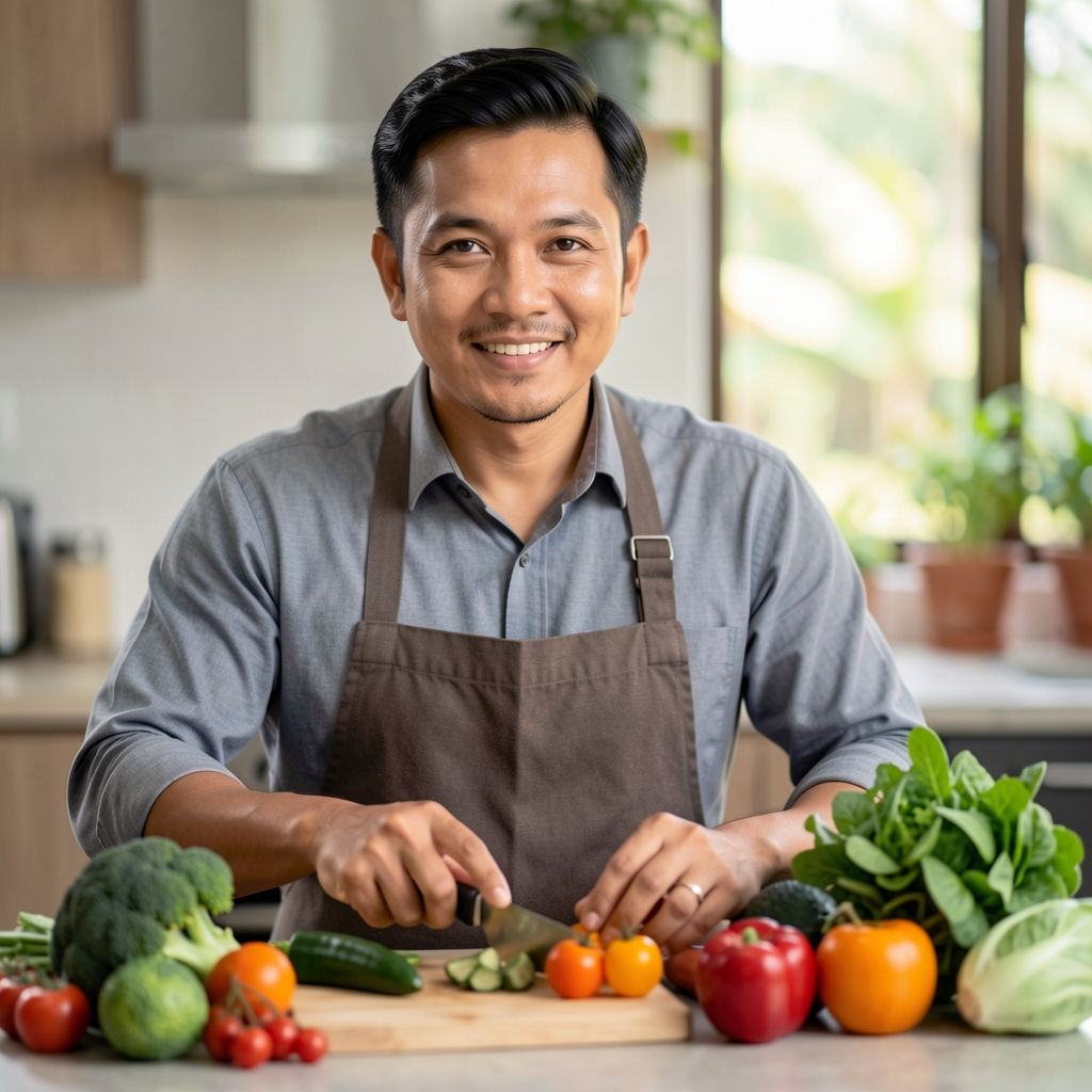 Indonesian male nutrition writer arranging fresh produce on a kitchen counter for a photo