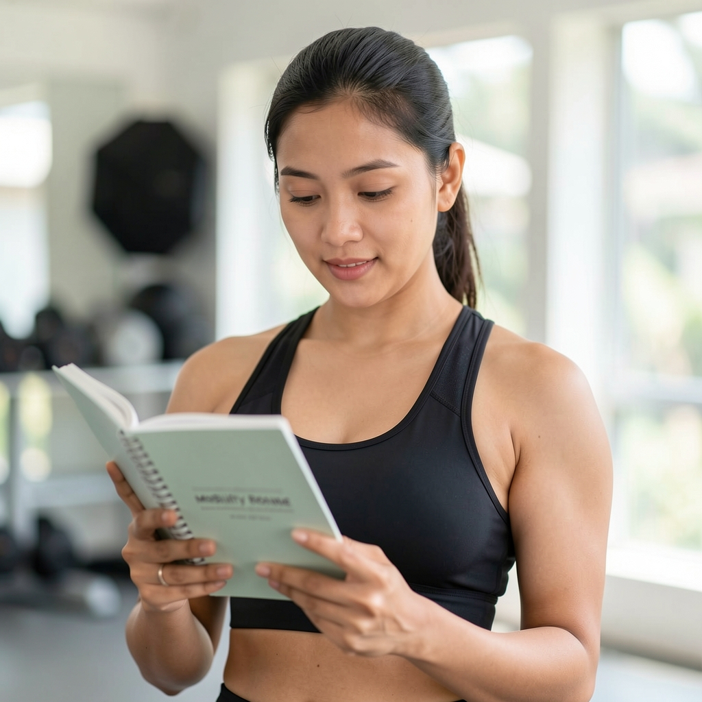 Indonesian woman in activewear reviewing a mobility routine notebook in a bright studio
