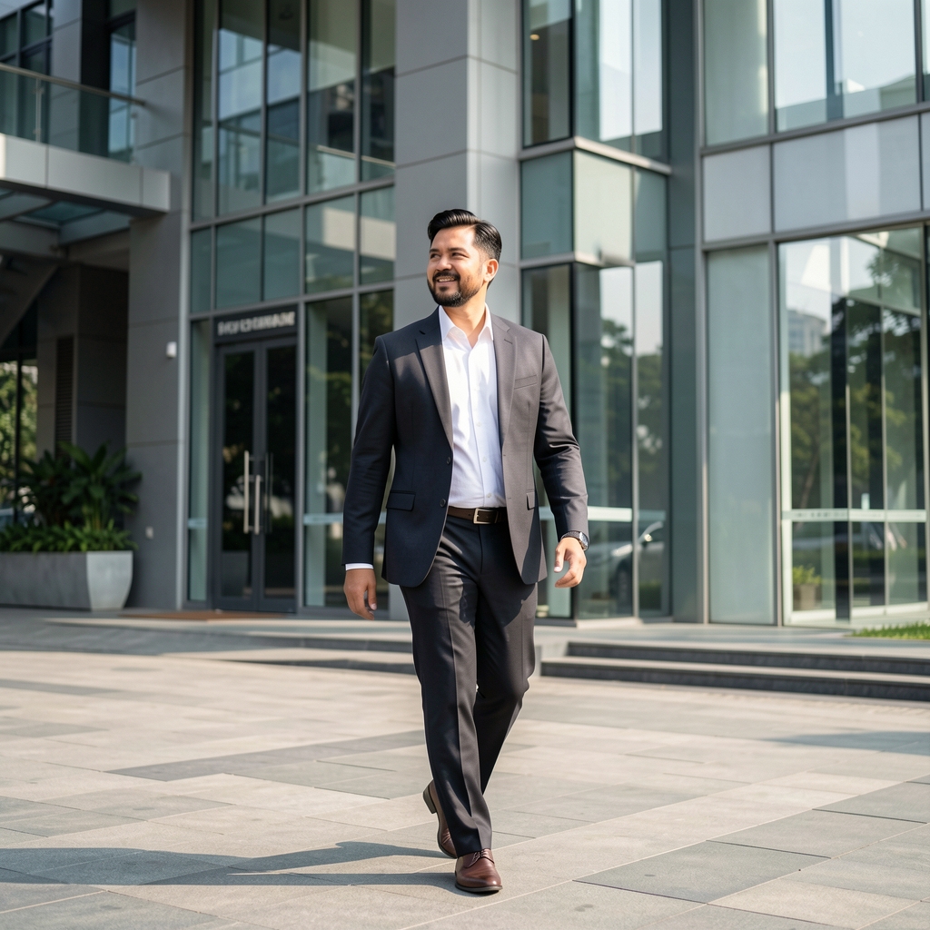 Professional man taking a daylight walking break outside a modern Jakarta office